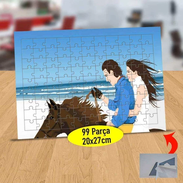 Sahilde At Üstünde Romantik Çift 99 Parça Puzzle Yapboz Tablo-72112