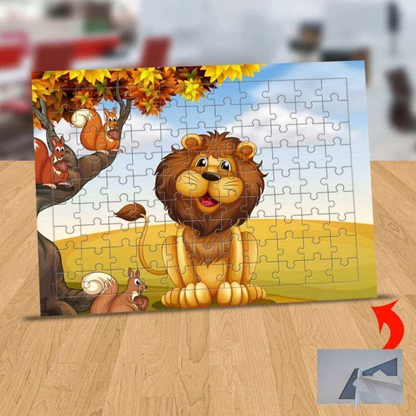 Sonbahar Yapraklarıyla Aslan 99 Parça Puzzle Yapboz Tablo-125362