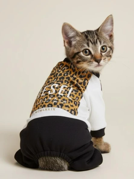 Diesel Leo Leopar Desenli Penye Kedi Tulum | Tüy Dökülmesini Azaltmaya Yardımcı | Yumuşak & Rahat Kedi Kıyafeti - Resim 4