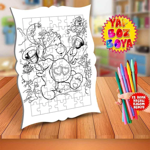 Sevimli Ayıcık Neşeli Kalp Eğitici Boyama Puzzle Tablo Çocuk-194