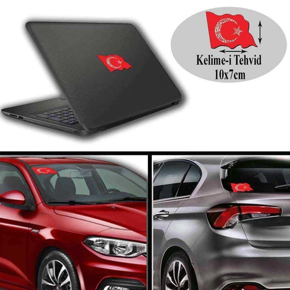 Kelime-i Tehvid - İslam Sancağı Arma,Cam, Laptop Etiket Oto Sticker -Araç Aksesuar 10x7 cm - 1