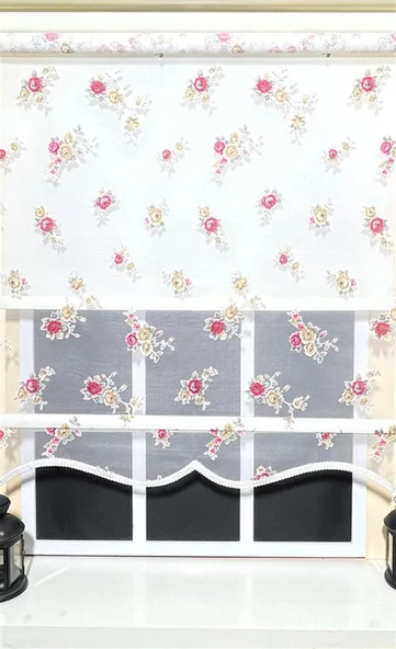 StorBurada Çift Mekanizmalı Çiçekli Tül Stor ve Ekru Stor Perde ST 045  Ekru 170 x 260 - Resim 3