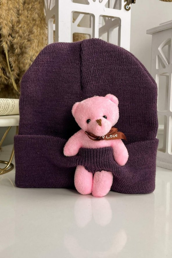 Peluş Ayıcıklı Bere Açık Mor-Neon SBT881