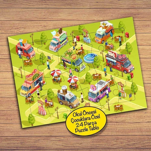 Kamp Alanında Karavanlar Çocuklara Özel Puzzle Yapboz Tablo-15272