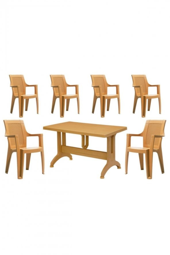 6 adet Elegance rattan efektli teak sütlü Kahve 70x120 Plastik Masa Sandalye Takımı - 3