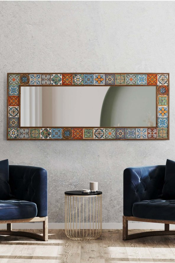 Etnik Çini Seramik 60x148 CM Doğal Ağaç Çerçeveli Salon Ofis Mutfak Duvar Konsol Boy Aynası - 2