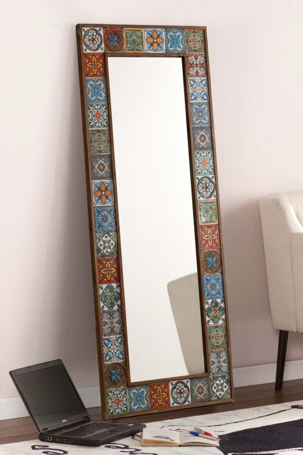 Etnik Çini Seramik 60x148 CM Doğal Ağaç Çerçeveli Salon Ofis Mutfak Duvar Konsol Boy Aynası - 3