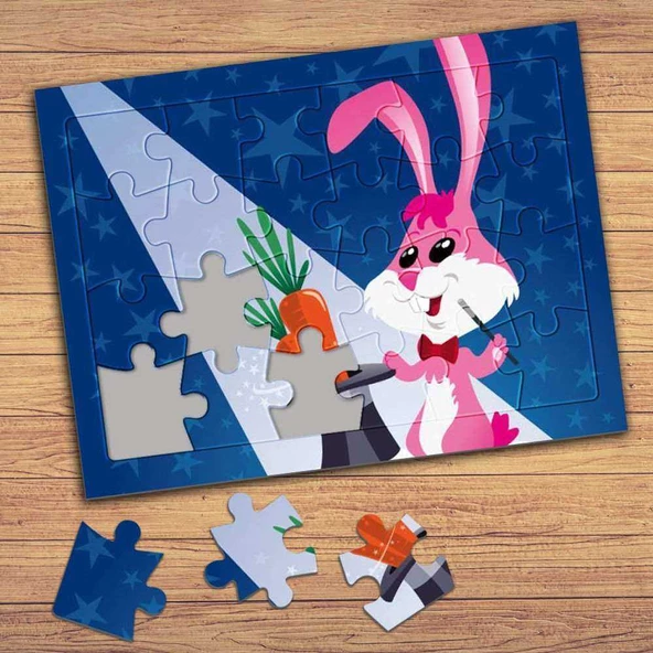Sevimli Sihirbaz Tavşan Çocuklara Özel Puzzle Yapboz Tablo-19226
