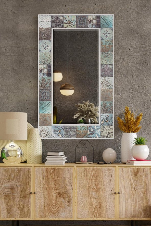 Alaska Doğal Ağaç 62x102 Cm Çerçeveli Antik Limra Taş Kaplı Salon Duvar Konsol Ofis Boy Aynası