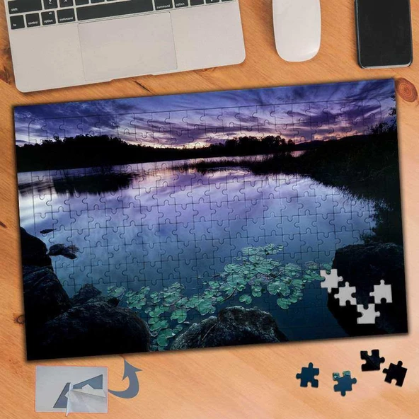 Mor, Karanlık Hava Dağ Silüeti 240 Parça Puzzle Yapboz Tablo-655 - 1