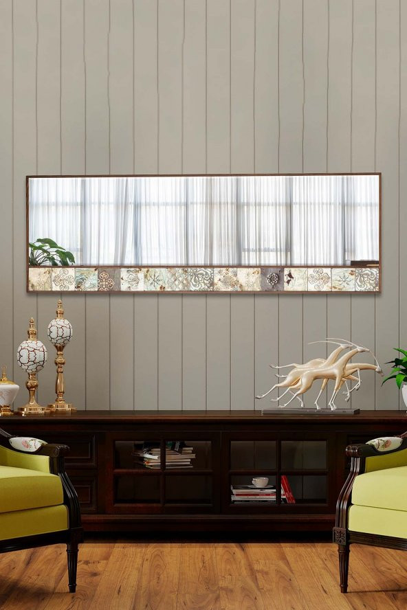 Bavyera Doğal Ağaç 50x152 Cm Çerçeveli Antik Limra Taş Kaplı Salon Duvar Konsol Ofis Boy Aynası - 2