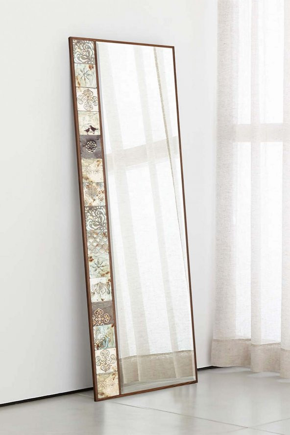 Bavyera Doğal Ağaç 50x152 Cm Çerçeveli Antik Limra Taş Kaplı Salon Duvar Konsol Ofis Boy Aynası - 3
