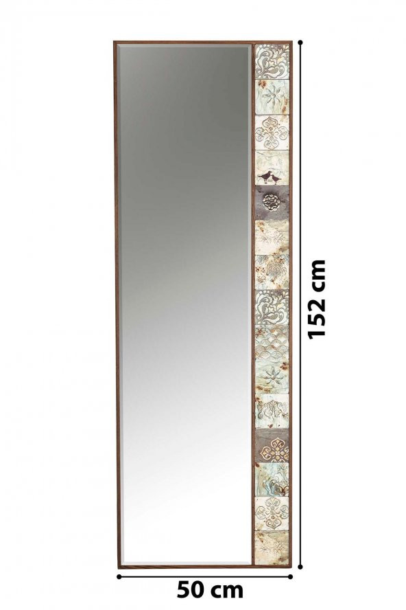 Bavyera Doğal Ağaç 50x152 Cm Çerçeveli Antik Limra Taş Kaplı Salon Duvar Konsol Ofis Boy Aynası - 4