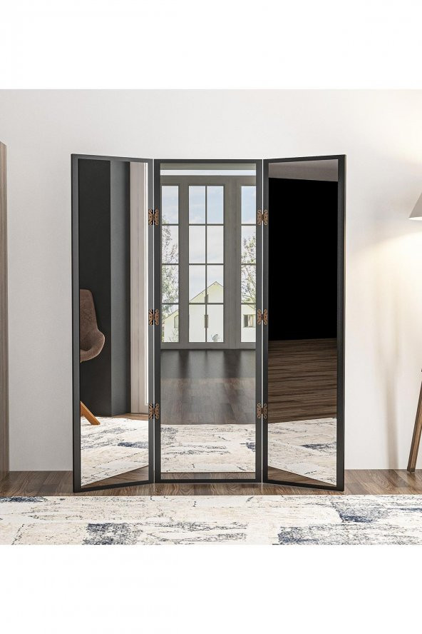 Paravan Siyah 3 Kanatlı Boy Ayna 130x150CM Antre Duvar Salon Banyo Ofis Yatak Giyinme Odası Aynası
