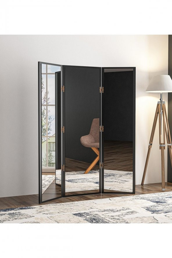 Paravan Siyah 3 Kanatlı Boy Ayna 130x150CM Antre Duvar Salon Banyo Ofis Yatak Giyinme Odası Aynası - 2