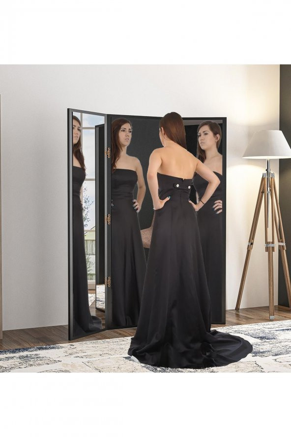 Paravan Siyah 3 Kanatlı Boy Ayna 130x150CM Antre Duvar Salon Banyo Ofis Yatak Giyinme Odası Aynası - 4