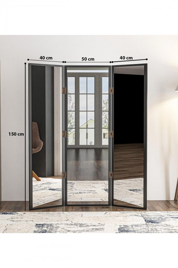 Paravan Siyah 3 Kanatlı Boy Ayna 130x150CM Antre Duvar Salon Banyo Ofis Yatak Giyinme Odası Aynası - 5