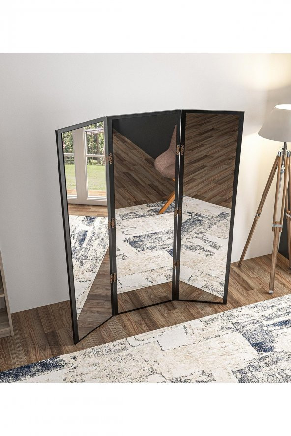 Paravan Siyah 3 Kanatlı Boy Ayna 130x150CM Antre Duvar Salon Banyo Ofis Yatak Giyinme Odası Aynası - 3
