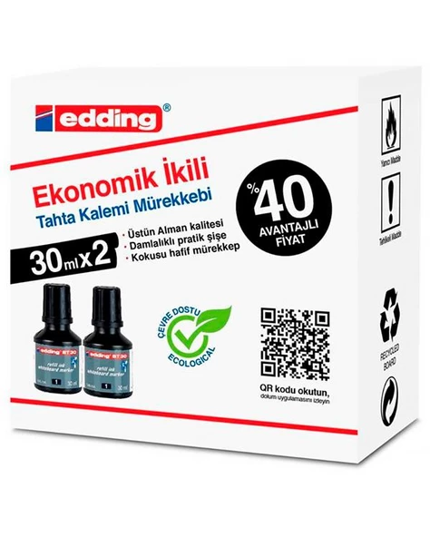 Edding Ekonomik İkili Tahta Kalemi Mürekkebi Siyah 2x30ml