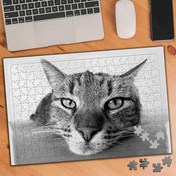 Gri Kedi Resmi Sevimli Hayvan 240 Parça Puzzle Yapboz-75443