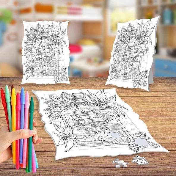 Şişedeki Deniz Boyama Puzzle Tablo Çocuk Eğitici Yapboz