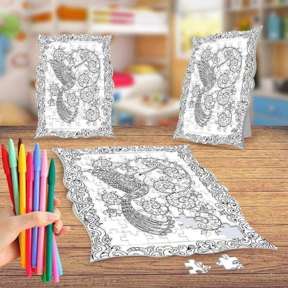 Çiçek Motif Desenli Kuş Boyama Puzzle Tablo Çocuk Eğitici Yapboz