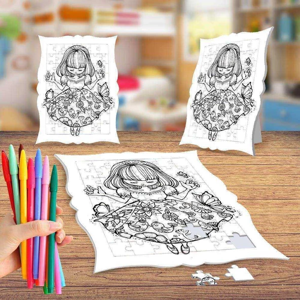 Çiçek Elbiseli Kız Boyama Puzzle Tablo Çocuk Eğitici Yapboz