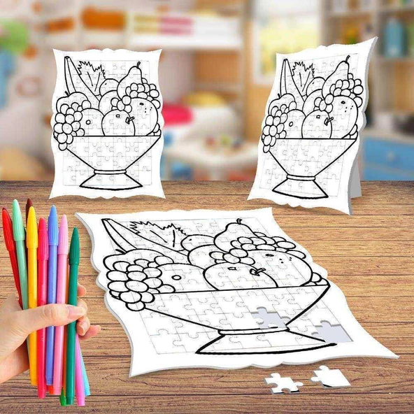 Meyve Tabağı Boyama Puzzle Tablo Çocuk Eğitici Yapboz