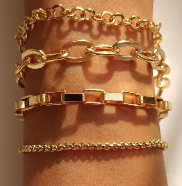 Kadın Altın Dörtlü Düz Kombin Zincir Bileklik - 239 - 1