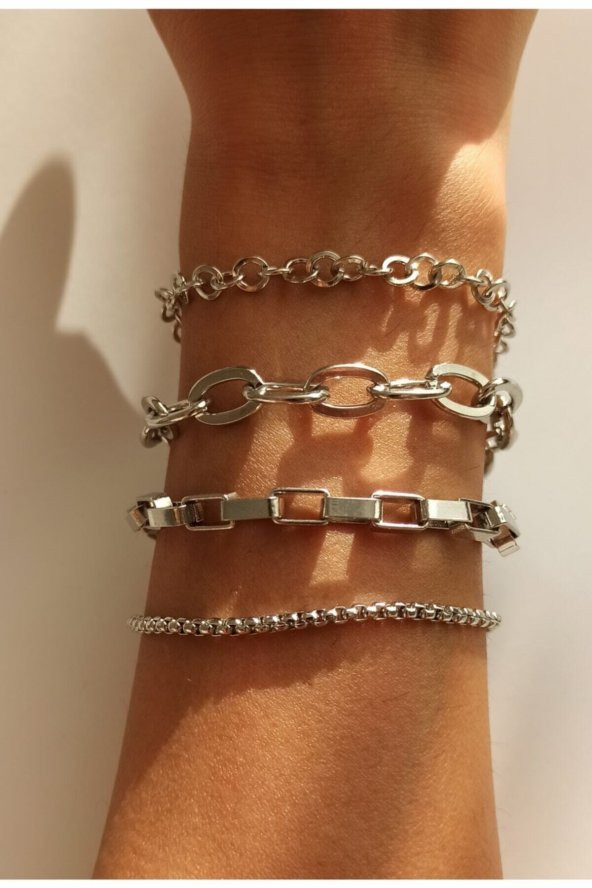 Kadın Gümüş Dörtlü Düz Kombin Bileklik Set - 277 - 4