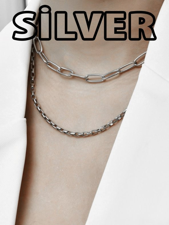 Gümüş Rengi Gerdanlık Kolye Kadınlar İçin Katlı Kolye Küp Dikdörtgen Zincir - 466 ürün görseli 1