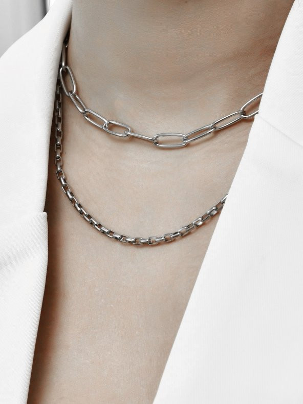 Gümüş Rengi Gerdanlık Kolye Kadınlar İçin Katlı Kolye Küp Dikdörtgen Zincir - 466 - Resim 2