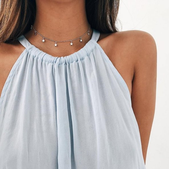 Gümüş Renk Geometrik Yıldız Kolye Gümüş Renk Zincir Kadınlar İçin Kolye Chokers  - 442