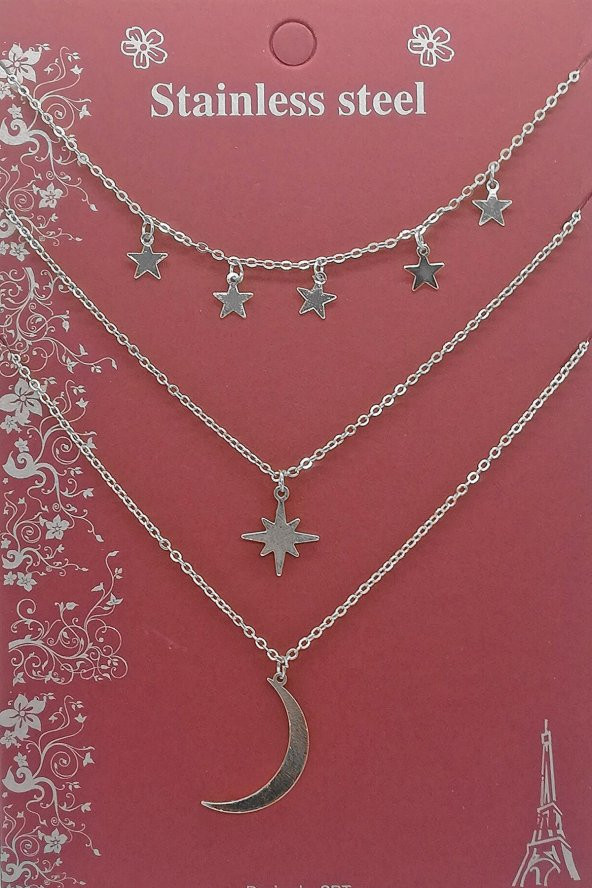 Gümüş Renk Kutup Yıldızı Ve Hilal Figürlü Çok Katmanlı Kombin Kolye 960 ürün görseli 1