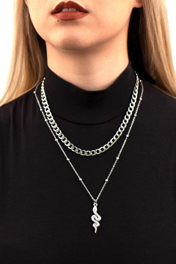 Yılan Figürlü Kombin Kolye Gümüş Rengi - 328 ürün görseli 1