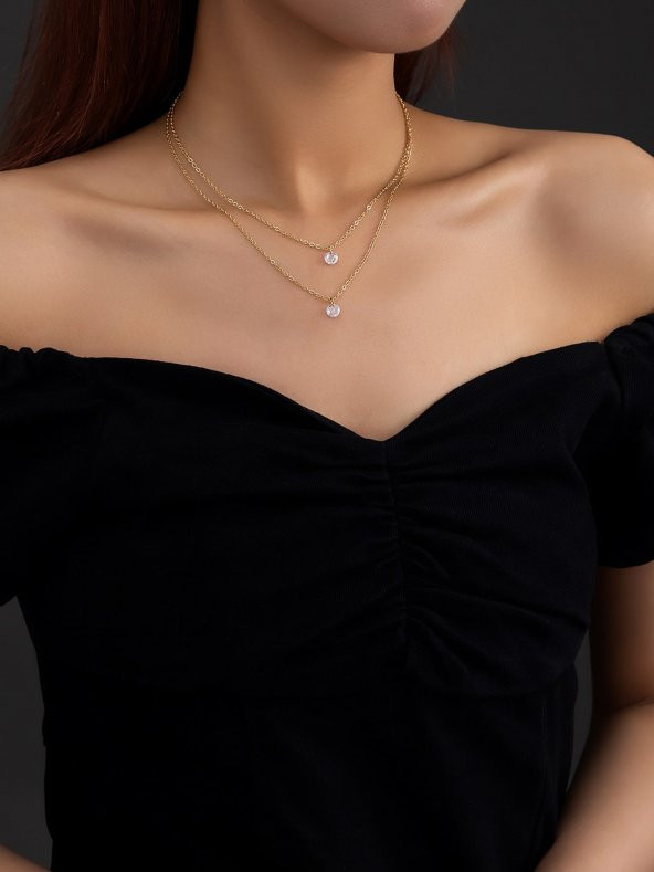 Zirkon Taşlı Katmanlı Kolye Altın Renk - 444 - 1