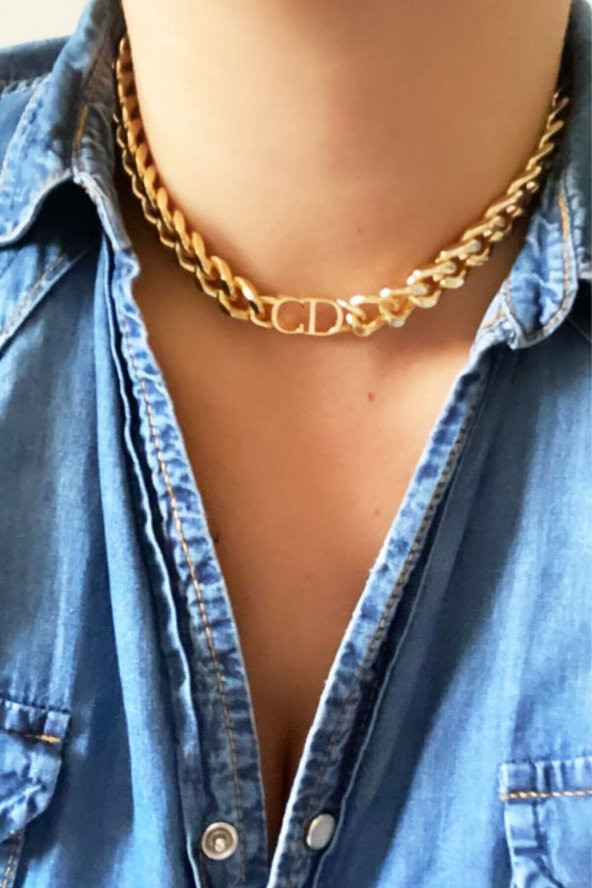 Kadın Gold Cd Harfli Christian Dior Model Kalın Zincir Kolye Altın Renk - 335 - 2