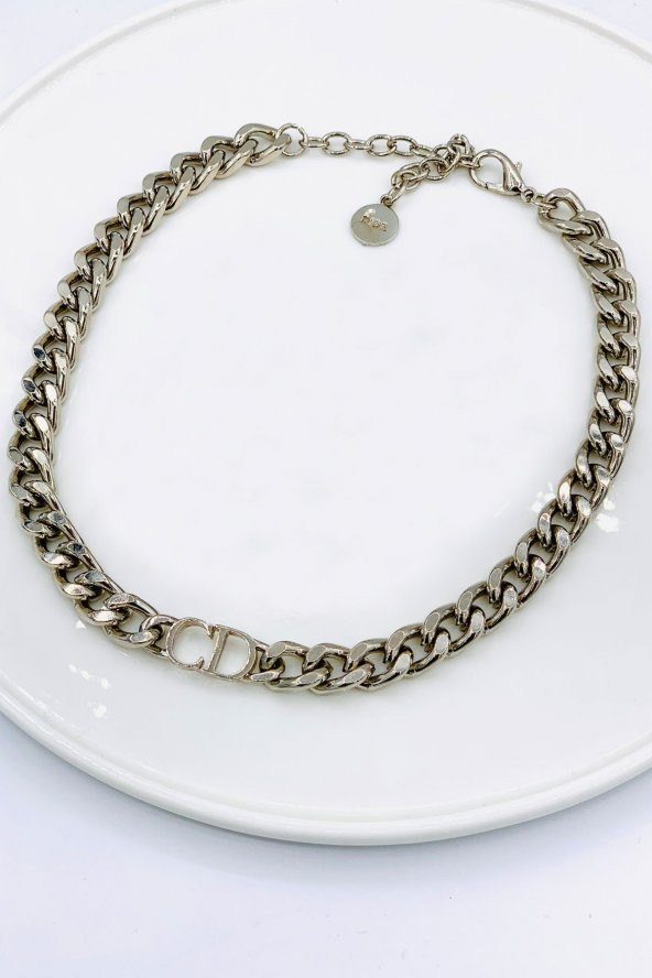 Kadın Gold Cd Harfli Christian Dior Model Kalın Zincir Kolye Gümüş Renk - 336