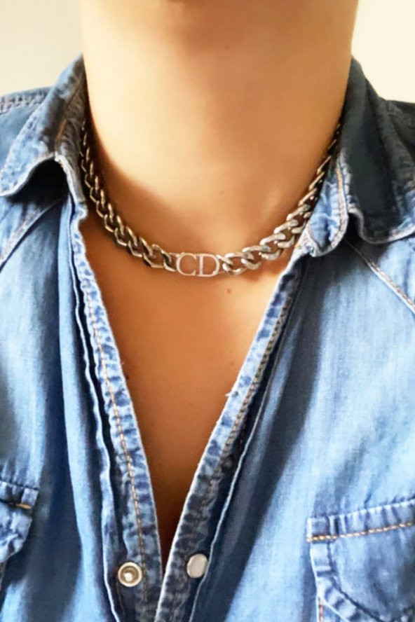 Kadın Gold Cd Harfli Christian Dior Model Kalın Zincir Kolye Gümüş Renk - 336 - 3