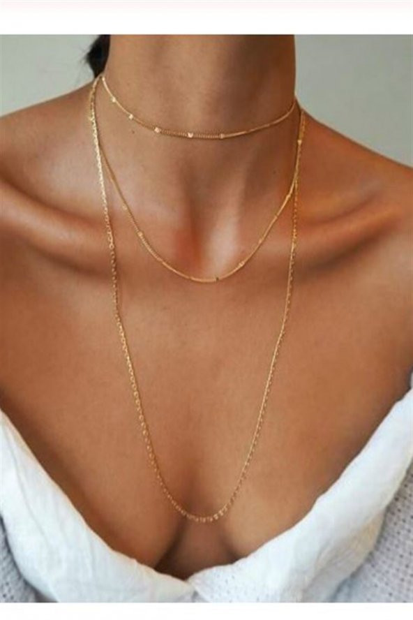 Kadın Üçlü Şeri Zincir Kolye Gold Kaplama Katmanlı Kolye Choker Uzun Çoklu Kolye - 80