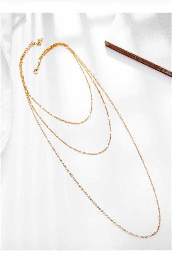 Kadın Üçlü Şeri Zincir Kolye Gold Kaplama Katmanlı Kolye Choker Uzun Çoklu Kolye - 80 - 3
