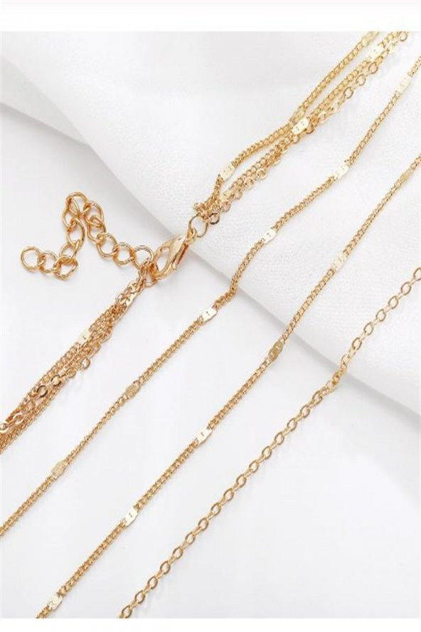 Kadın Üçlü Şeri Zincir Kolye Gold Kaplama Katmanlı Kolye Choker Uzun Çoklu Kolye - 80 - 4