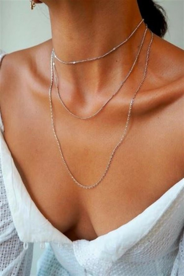 Kadın Üçlü Şeri Zincir Kolye Silver Katmanlı Kolye Choker Uzun Çoklu Kolye - 8 - 4