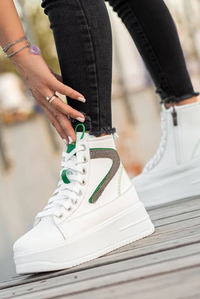 Beyaz Yeşil Kadın Yüksek Topuklu Spor Bot - Resim 3