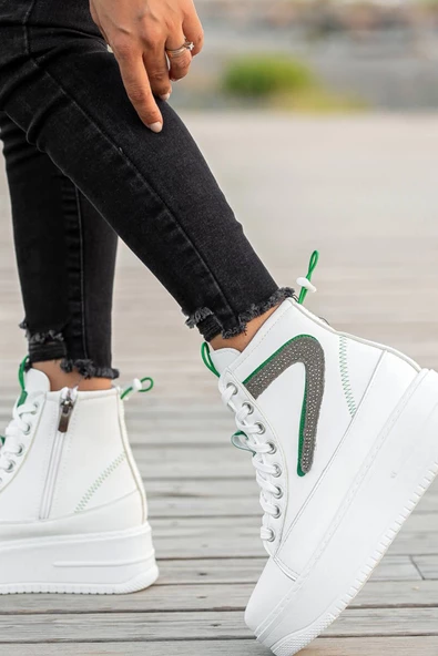 Beyaz Yeşil Kadın Yüksek Topuklu Spor Bot - Resim 2