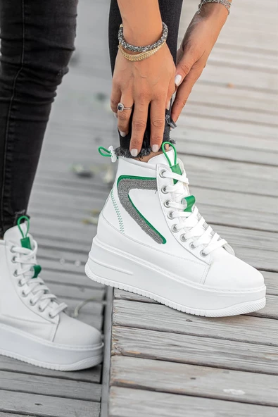 Beyaz Yeşil Kadın Yüksek Topuklu Spor Bot ürün görseli