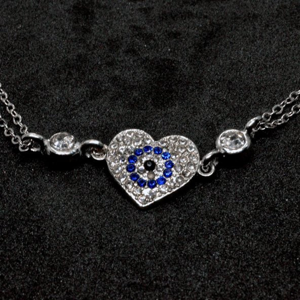 Gümüş Renk Kalp Göz  Nazar Figürlü  Çift Zincirli  Bileklik  874 ürün görseli 1