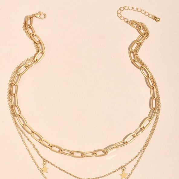 Moda Takı Altın Rengi Gerdanlık Kolye Kadınlar İçin 3 Katlı Yıldız Kilit Ezme Zincir Çok Katlı Kolye - 443 - 2