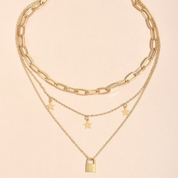Moda Takı Altın Rengi Gerdanlık Kolye Kadınlar İçin 3 Katlı Yıldız Kilit Ezme Zincir Çok Katlı Kolye - 443 - 4