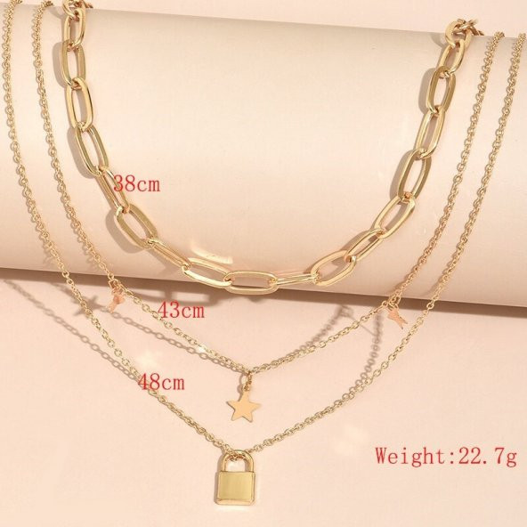 Moda Takı Altın Rengi Gerdanlık Kolye Kadınlar İçin 3 Katlı Yıldız Kilit Ezme Zincir Çok Katlı Kolye - 443 - 5
